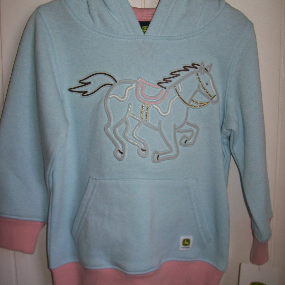 JOHN DEERE BRAND HORSE IMAGE GIRLS HOODIE (Blue/Pink: 2T) (NEW) Raised Graphics